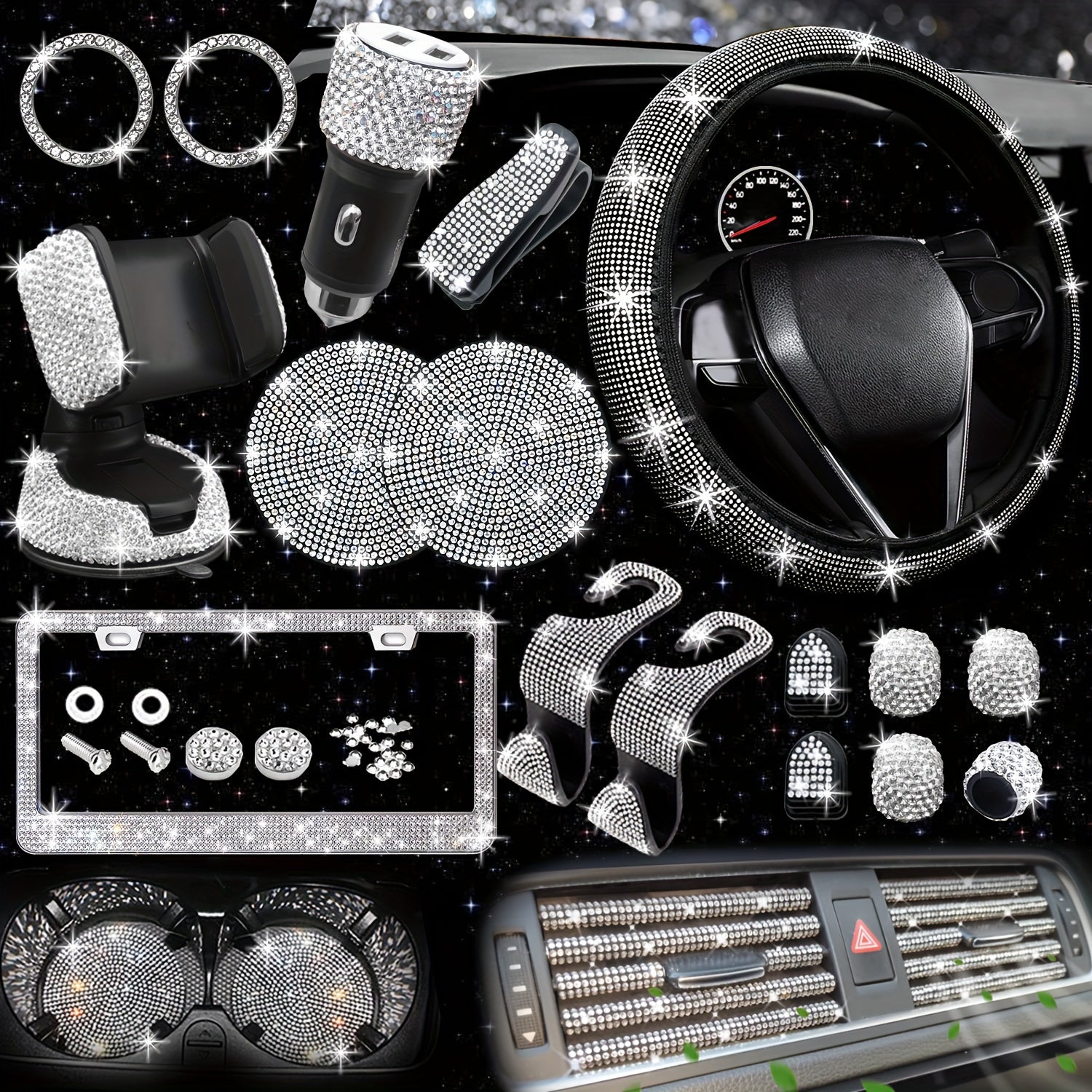 27pcs Bling Car Accessories Set for Women, Bling Steering Wheel Covers Universal Fit 15 Inch, Bling License Plate Frame, Bling Car Phone Holder, Bling Car Coasters, Bling Car Fast Charger, Bling Valve Caps